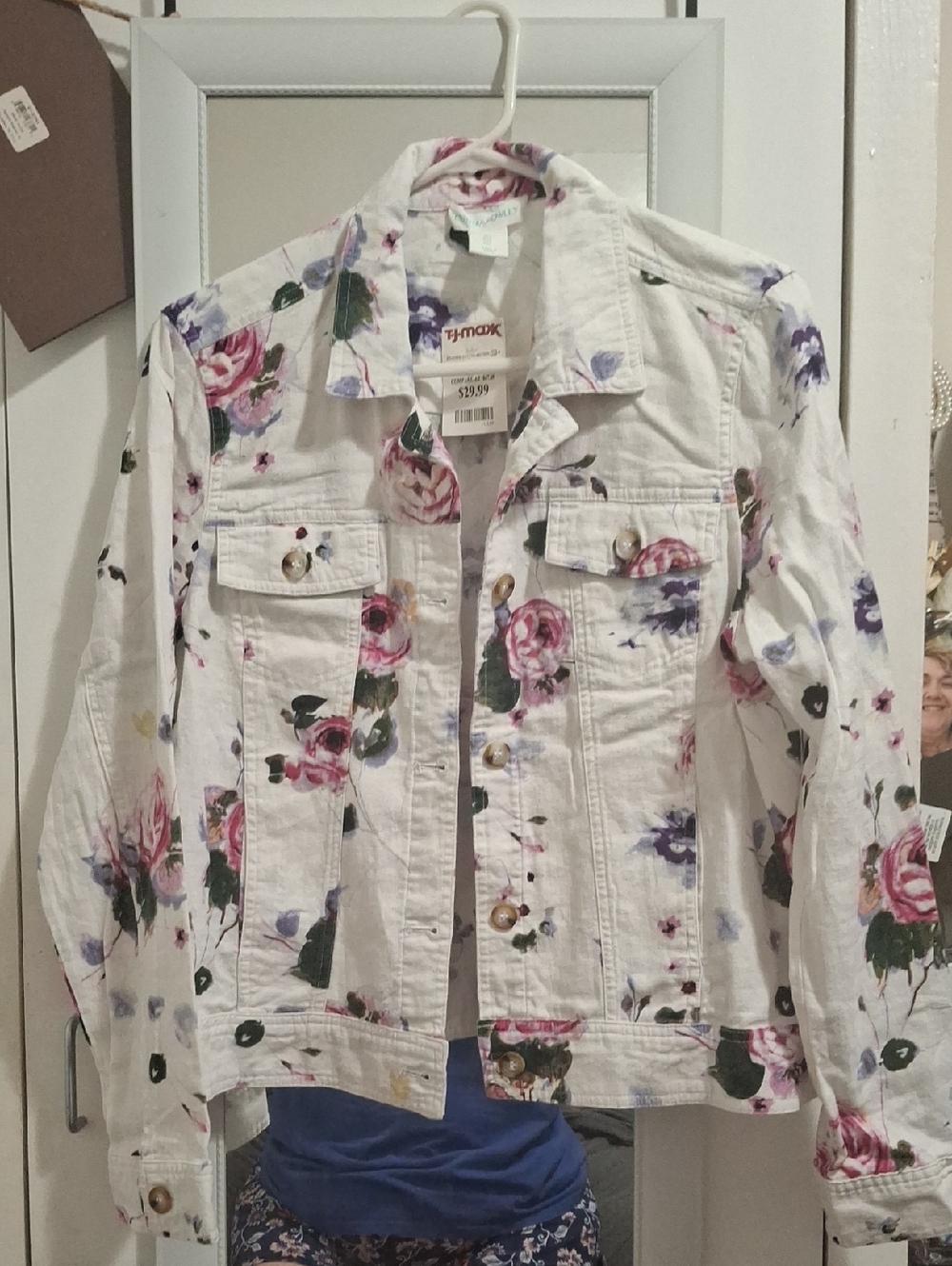 Cynthia Rowley White Denim Jacket with Pink & Purple Floral Print